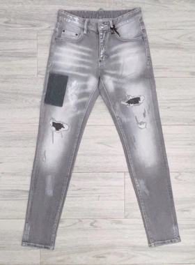 欧美牛仔裤男d2潮牌烟灰色贴布磨白做旧猫须商务弹力雅痞长裤子男