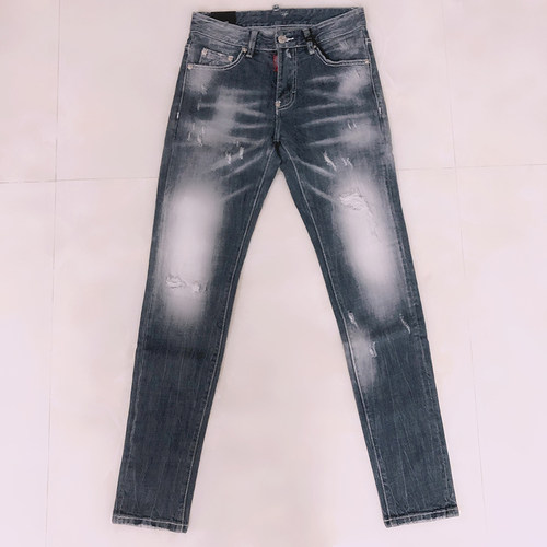 欧美潮牌浅灰色磨白猫须破洞补丁