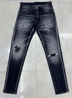 欧美新款潮牌d2牛仔裤男黑灰色破洞补丁烫钻修身针缝弹力长裤子男