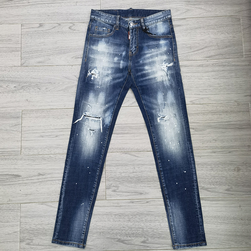 欧美范高街同款潮牌d2牛仔裤新款男士修身破洞补丁弹力休闲长裤子