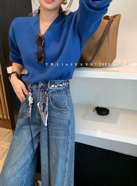 86327新款弯刀牛仔裤女2025秋高腰宽松百搭复古显瘦镰刀阔腿裤裤