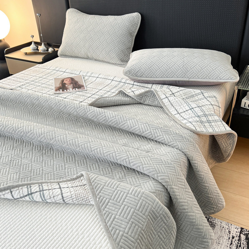 秋冬新款简约纯色高温水洗纯棉牛奶绒夹棉加厚保暖床盖三件套床单,床上用品,床盖,淘宝优惠券,粉丝福利购,淘宝优惠卷