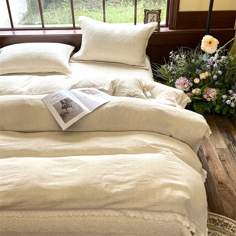 秋季新款法式A类母婴级棉麻花边款高温水洗夹棉绗缝床盖三四件套,床上用品,床盖,淘宝优惠券,粉丝福利购,淘宝优惠卷