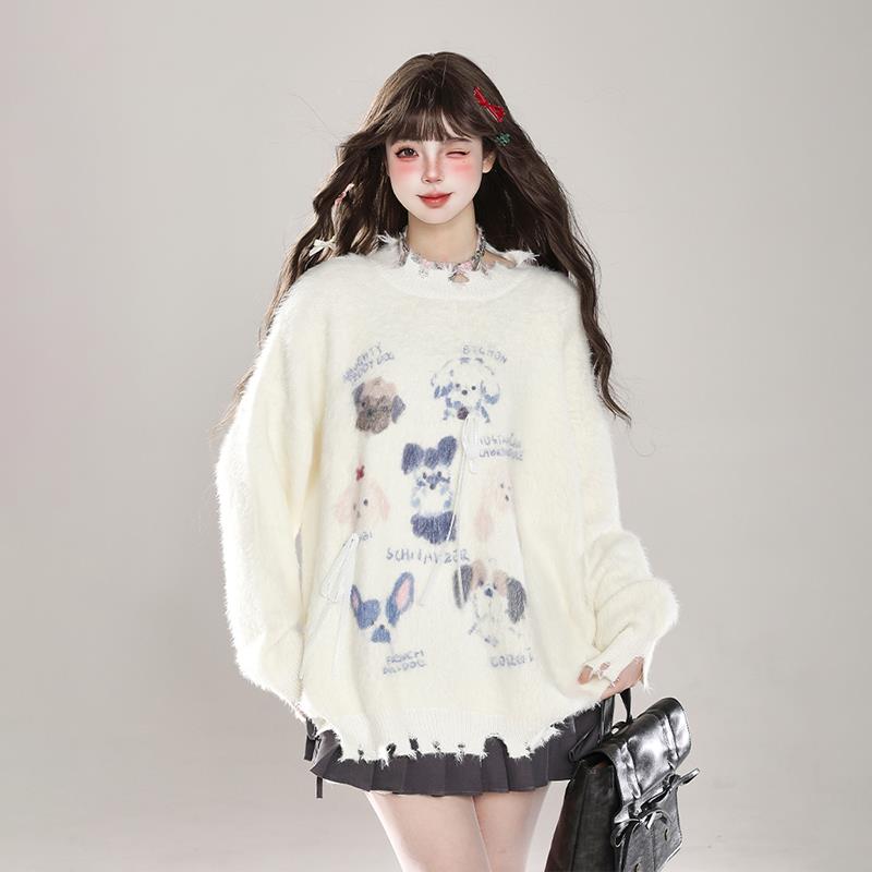 可爱甜美软糯毛衣女秋冬季奶fufu卡通小狗慵懒风休闲水貂绒针织衫