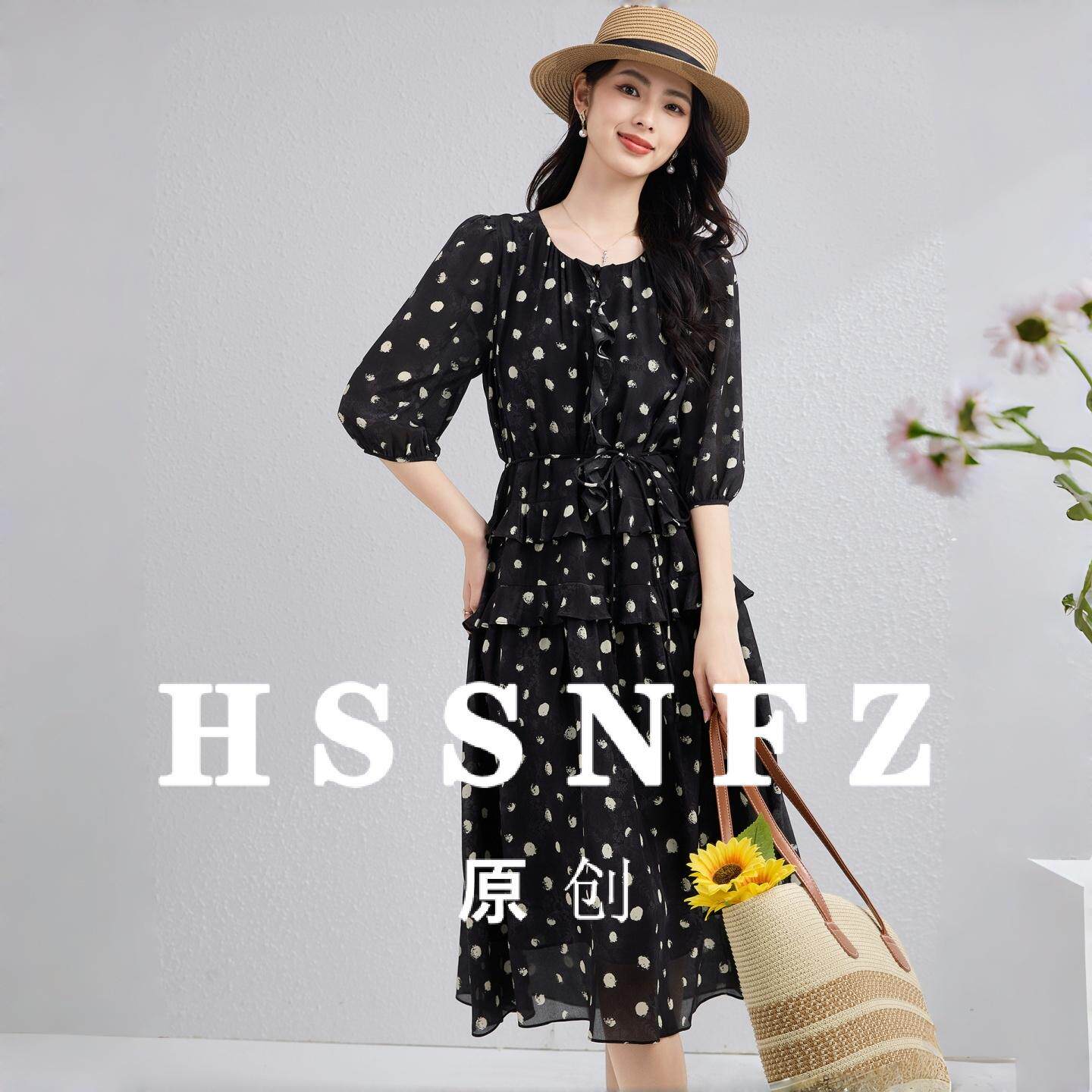 桑蚕丝连衣裙女初夏精致圆领轻奢高级感度假风波点真丝长裙蛋糕裙