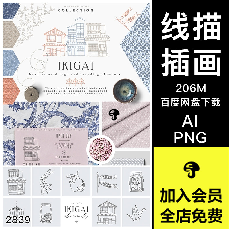 手绘线描国风速写绘画花卉植物装饰插图插画AI矢量PNG免抠图素材图片