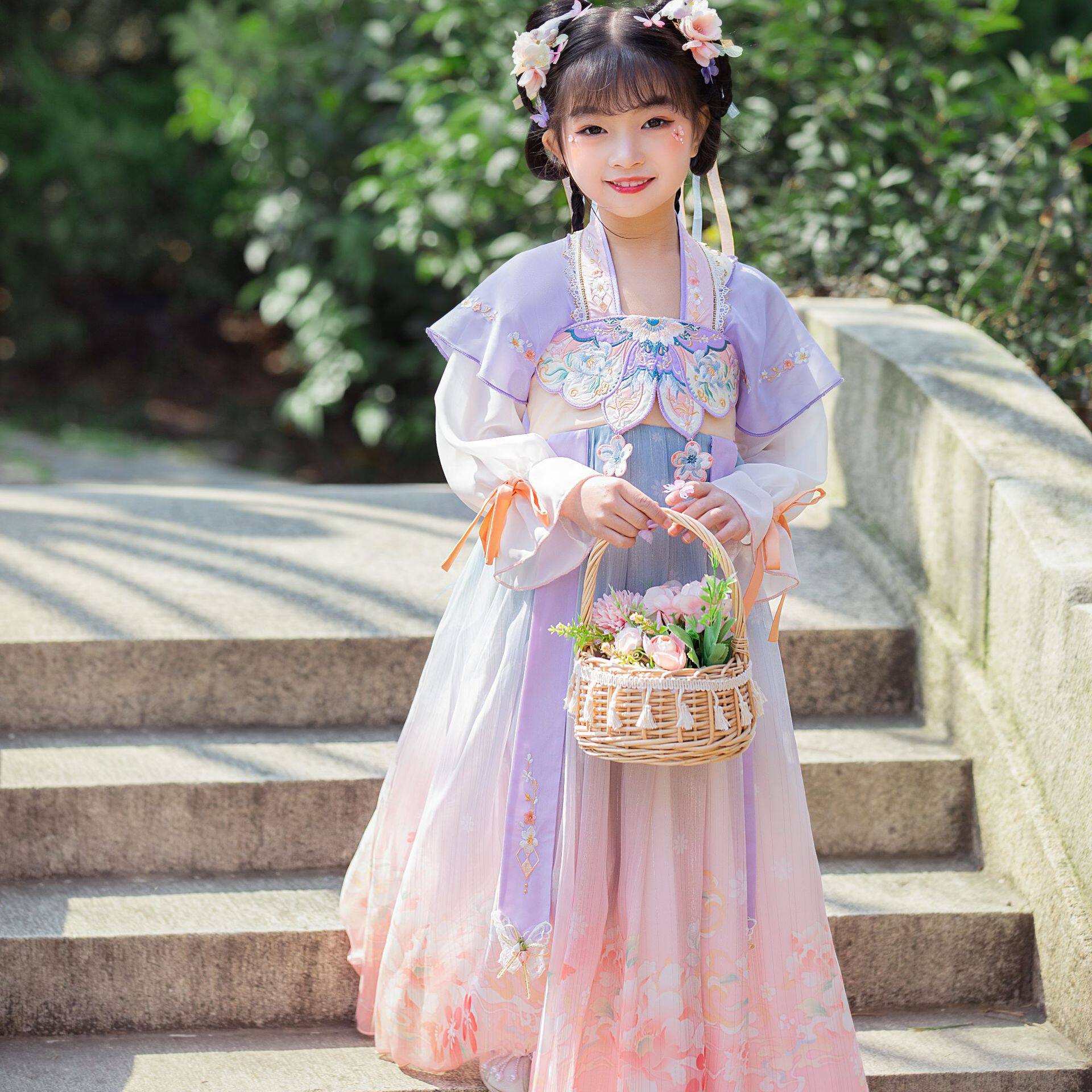 蝴蝶仙子 汉服女童古装中国风连衣裙夏装儿童长袖古风襦裙唐雪纺