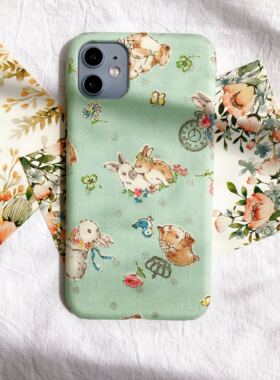 定制手工田园复古少女粉绿萌兔布艺手机壳iphone13141516promax