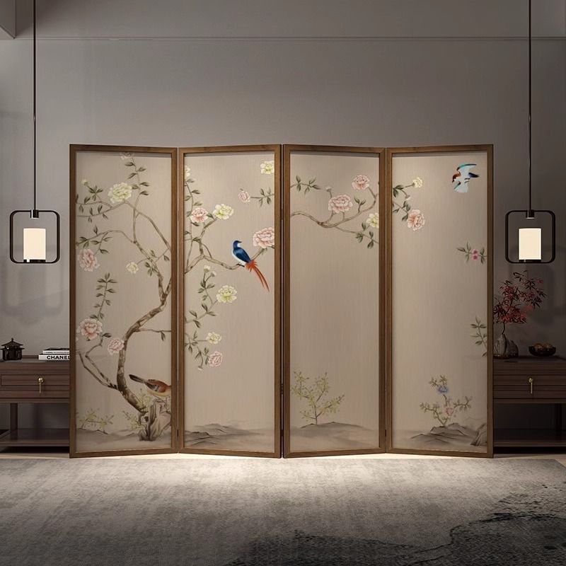 新中式花鸟屏风隔断客厅实木移动折叠玄关卧室房间定制遮挡折屏