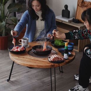 老榆木折叠围炉茶桌家用小茶台实木茶几圆形矮桌茶几煮茶桌子