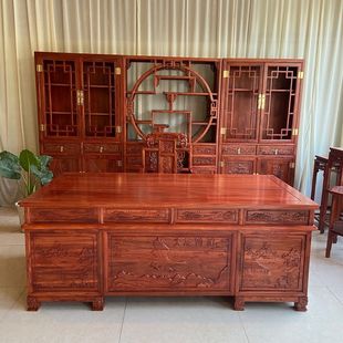 老板台组合榆木全实木写字台中式办公桌老板桌雕花老式书柜总裁