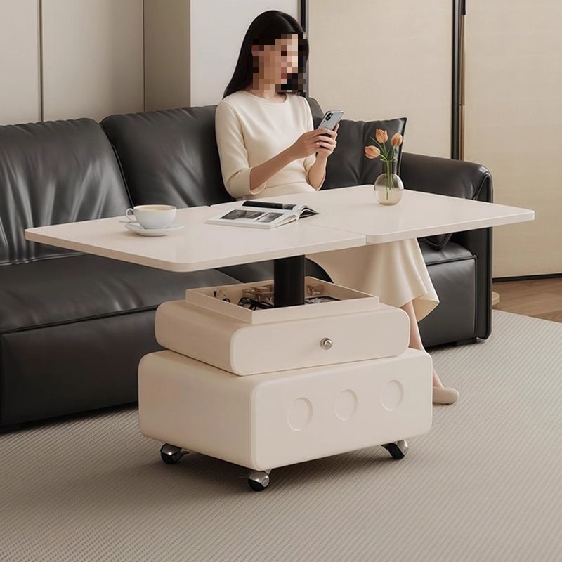 奶油风茶几白色升降小户型客厅两用一体餐桌移动折叠茶桌沙发边几