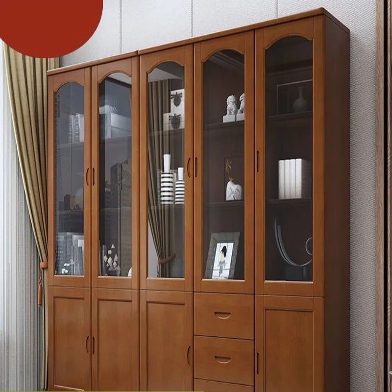 中式2门3门组合实木书柜带玻璃柜门落地组合家用书柜办公书橱带门