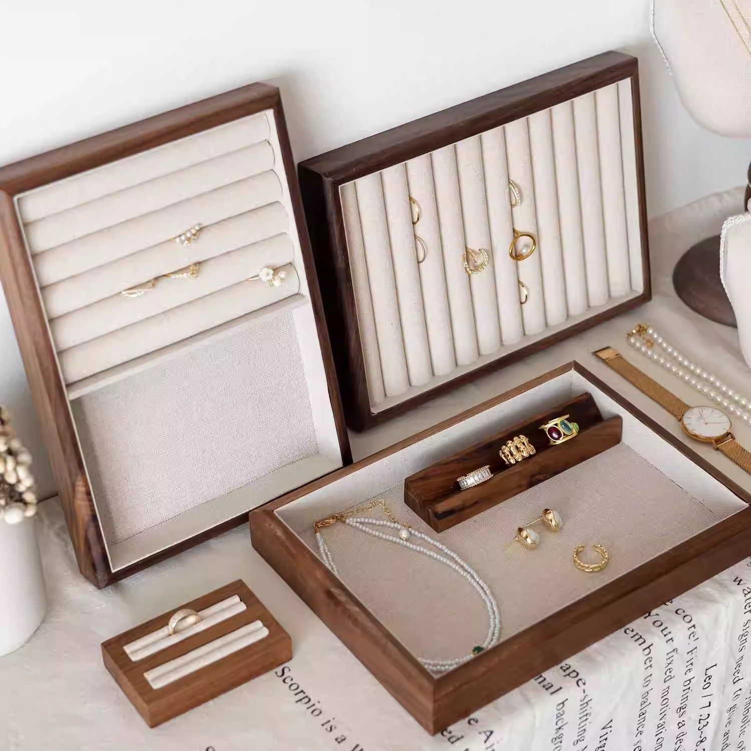 首饰托盘 展示盘 黑胡桃木 亚麻托盘 饰品 耳环戒指 收纳 陈列珠