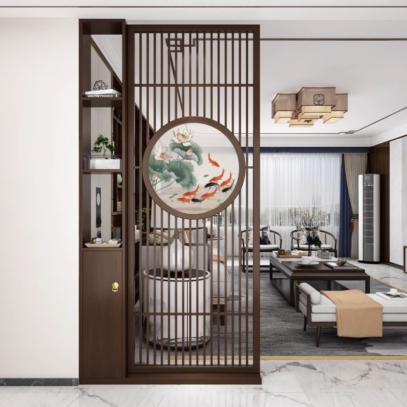 新中式实木屏风入户遮挡玄关木格栅隔断客厅卧室镂空装饰置物架柜