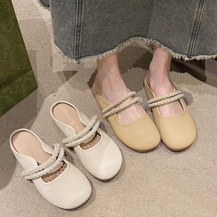 2025夏季新款休闲外穿一字带圆头浅口懒人女鞋半拖鞋