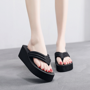 夏季新款女士高跟人字拖沙滩坡跟厚底布带防滑舒适凉鞋