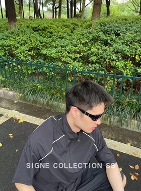 西格尼SIGNE男士夏季休闲立领梭织polo衫潮流立体抽条贴袋短袖T恤