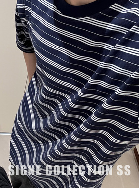 西格尼SIGNE 夏季新款重磅330克蓝白色织条纹T恤复古情侣休闲短袖