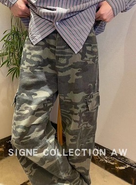 西格尼SIGNE 男士秋冬新款美式潮流街头迷彩休闲工装宽松直筒长裤