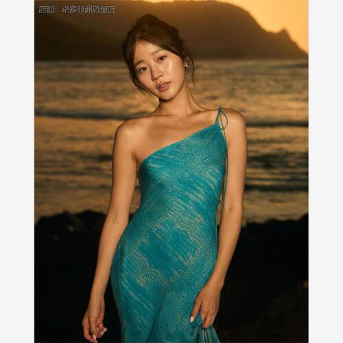 性感单肩斜肩绑带开叉长裙