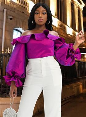 欧美紫色一字肩灯笼袖荷叶边性感优雅上衣Off shoulder jacket