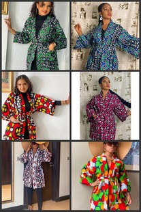 print 非洲印花拼接腰带口袋外套女装 kimono coat African top