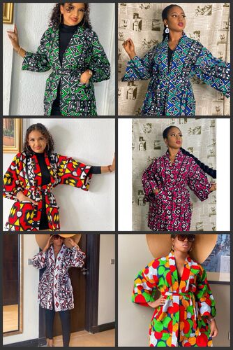 印花拼接腰带口袋和服外套女装