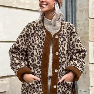 top 欧美风女装 豹纹宽松羔羊绒保暖外套 摇粒绒时尚 jacket 新品