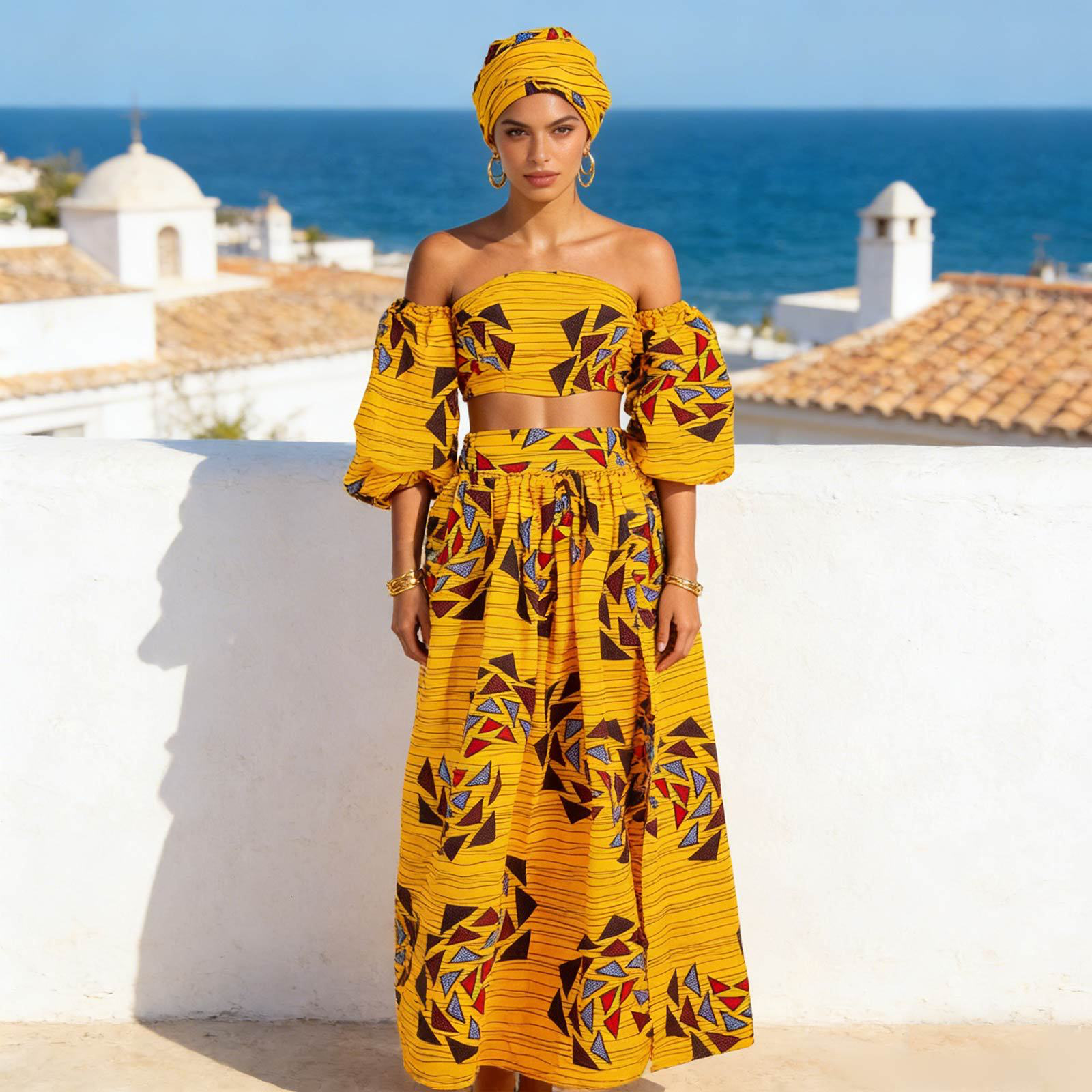 定制 非洲民族女装长裙三件套 上衣+裙子+发带African Women Set