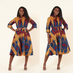 非洲时尚女装 中长袖印花衬衫连衣裙African print shirt dress