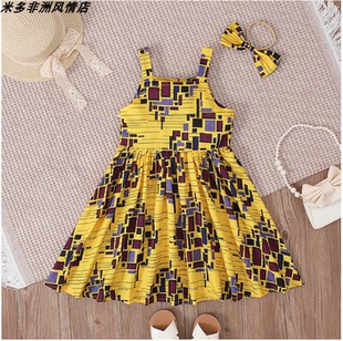 African clothes女童非洲南非安卡拉无袖背心连衣裙+头饰 童装