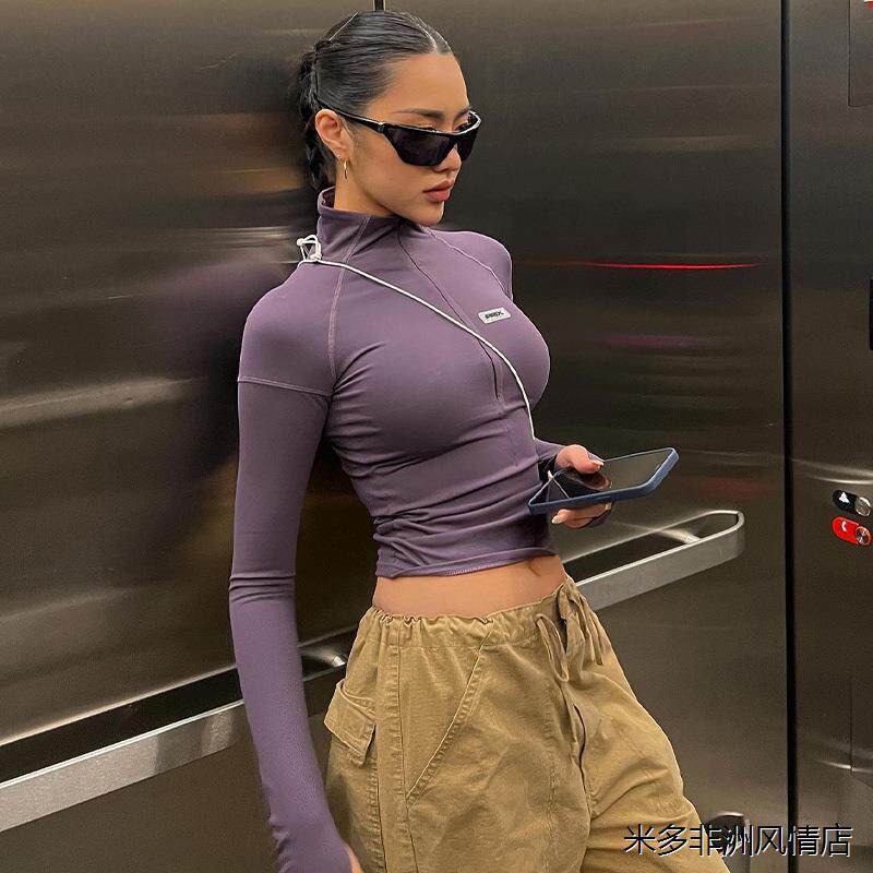 欧美风女装纯欲辣妹风半高领紧身显瘦拉链短款长袖打底衫上衣 top