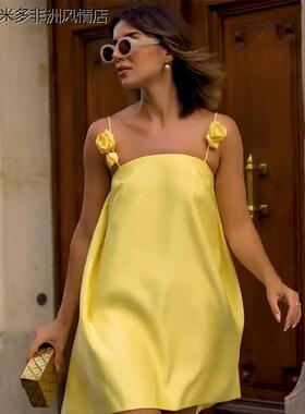 欧美性感黄色露背立体花朵吊带裙时尚短裙Dress Skirt