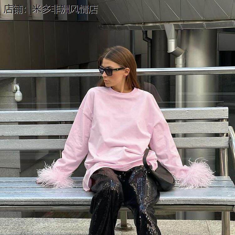 欧美女装2026春季纯色棉质圆领长袖拼接羽毛T恤时尚休闲百搭上衣