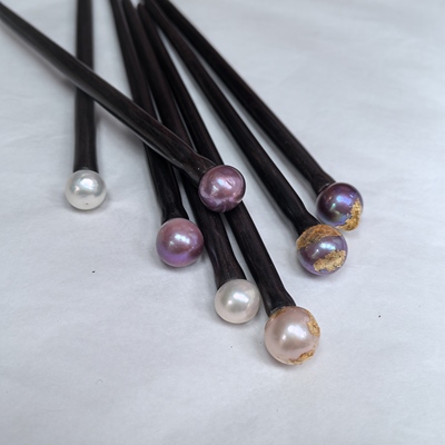 原创檀木簪子淡水珍珠简约古风女高级感汉服旗袍盘发配饰日常百搭