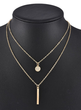 跨境几何长条闪钻圆形双层项链女 潮风简约时尚镶钻锁骨链颈链