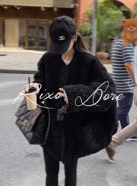 RIXO DORE法式黑色小香风毛毛外套女新款高级设计羊羔毛环保皮草