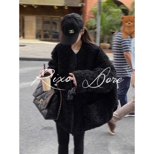 RIXO DORE法式黑色小香风毛毛外套女新款高级设计羊羔毛环保皮草
