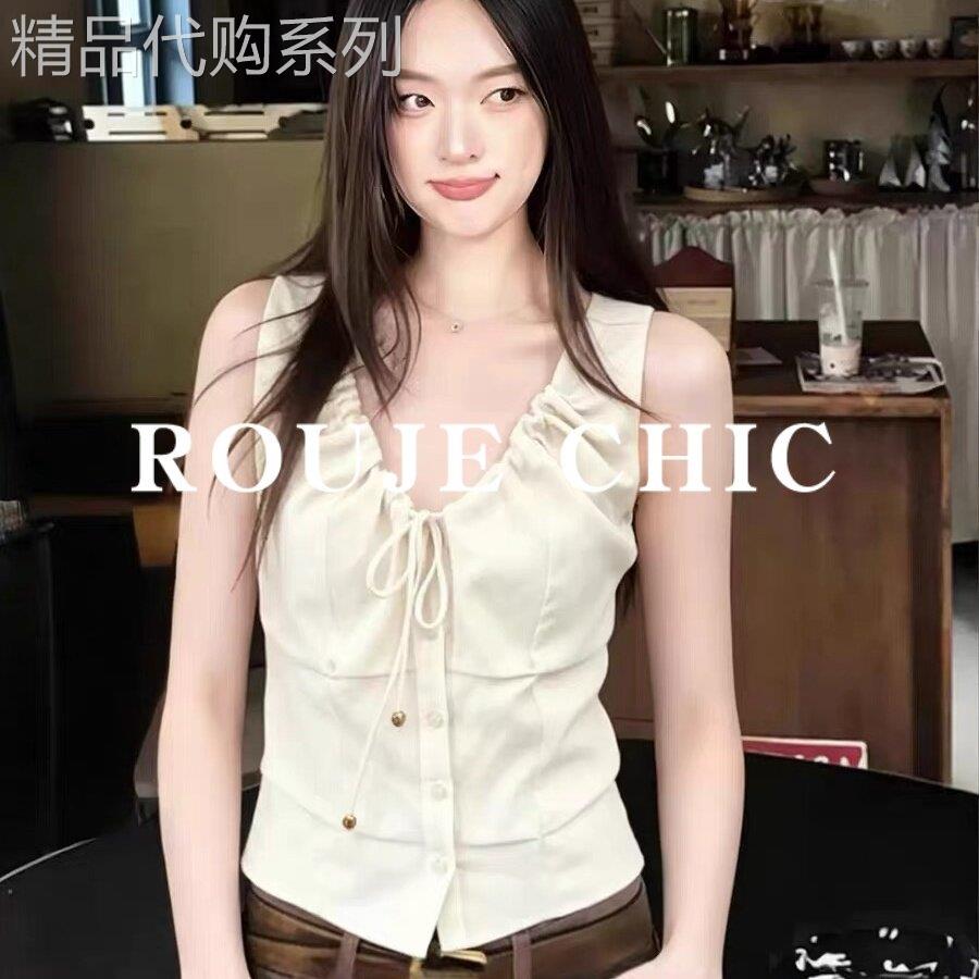 法国rouje chic法式气质串珠捏褶无袖马甲背心女夏季收腰短款上衣