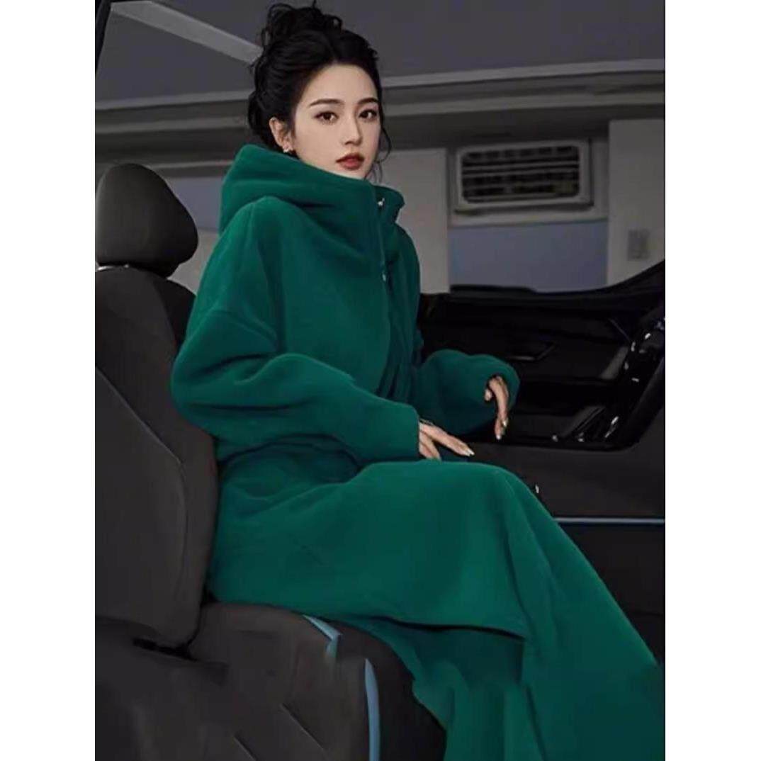 香港冬装搭配一整套微胖mm连帽毛衣外套阔腿裤休闲减龄针织套装女