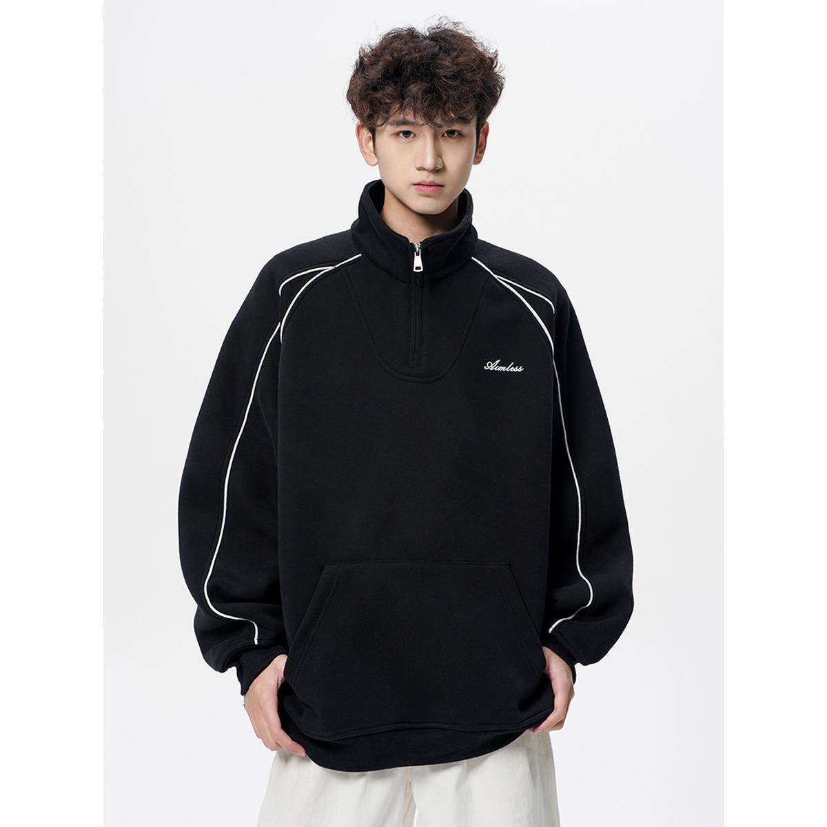 it neith BIAS潮牌美式覆古刺绣立领卫衣男半拉炼休闲polo上衣潮