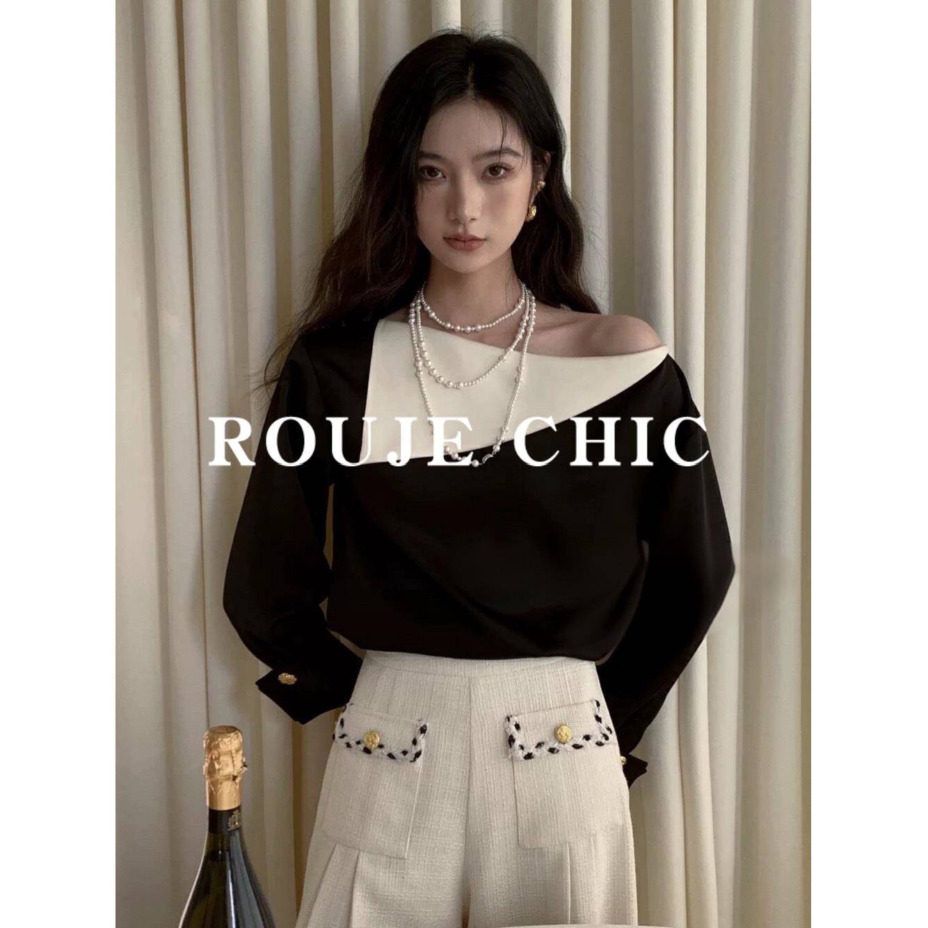 法国rouje chic法式设计感撞色斜肩衬衫女秋季气质风宽松百搭上衣