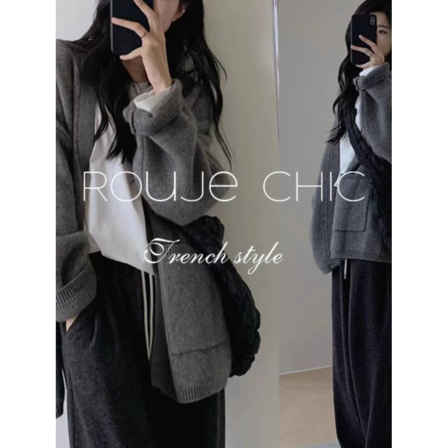 法国rouje chic秋冬季法式灰色山羊绒衫女中长款针织衫毛衣外套女