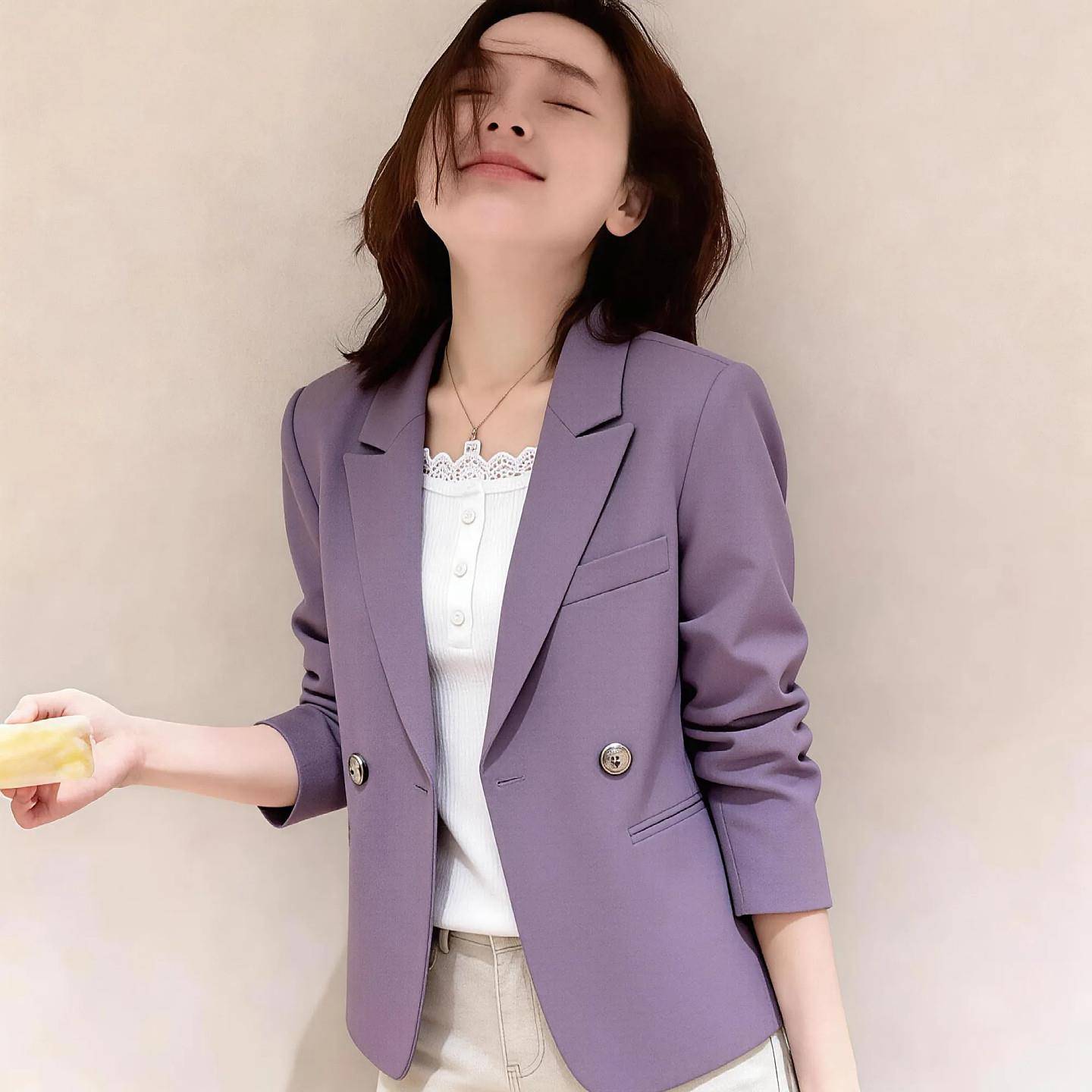 140-156cm小个子短款紫色西装外套女春秋新款超好看宽松时尚西服