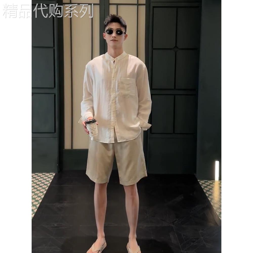潮牌新中式国风立领亚麻衬衫高级感休闲长袖衬衫男款夏季穿搭外套