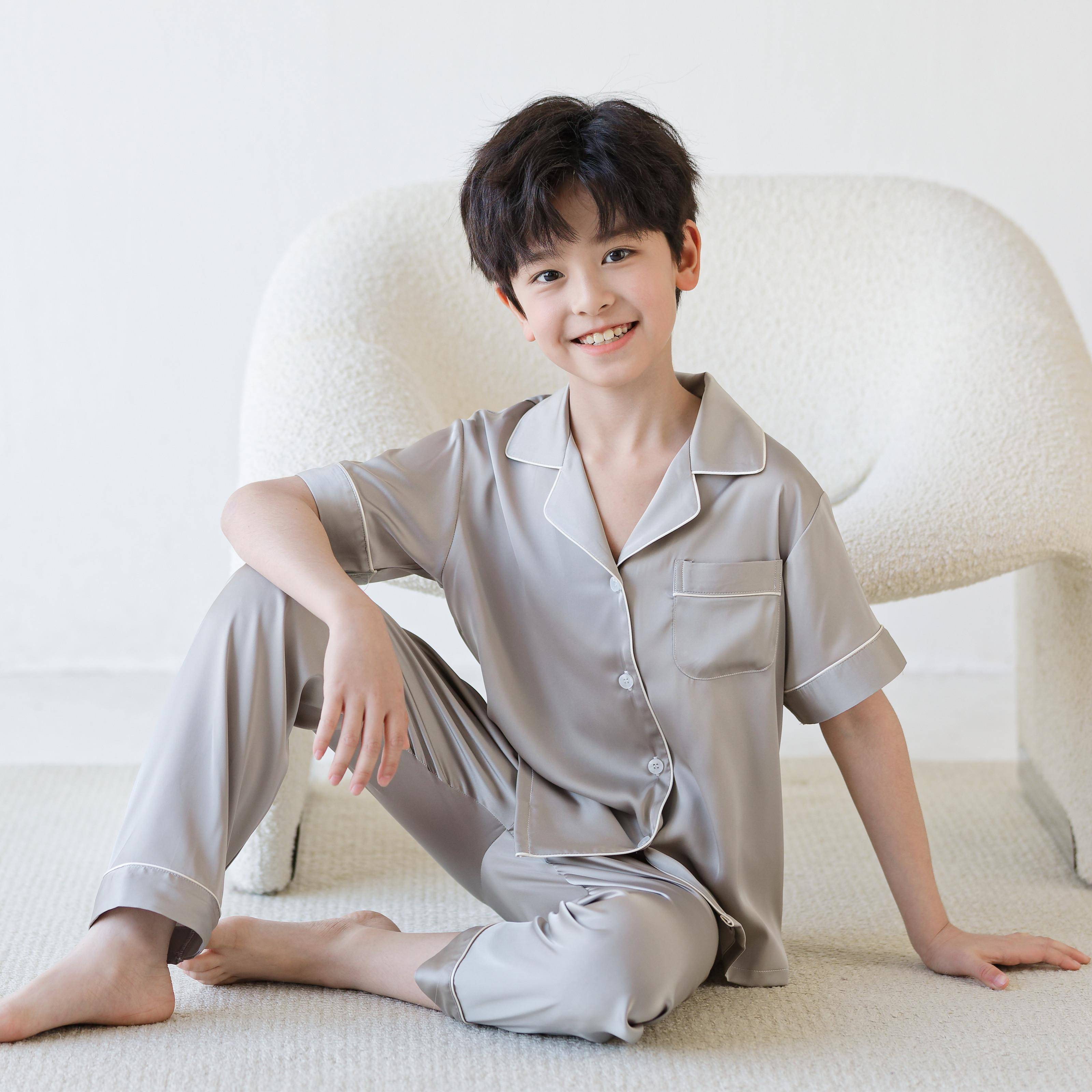 桑蚕丝男童睡衣儿童夏季薄款短袖长裤大童男孩凉感空调家居服套装