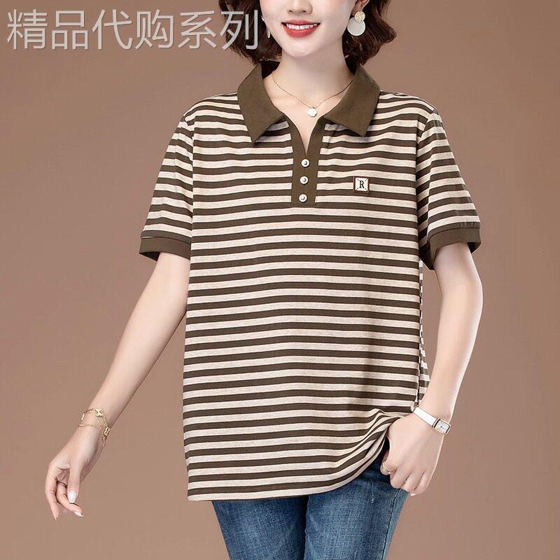 中年女士条纹短袖T恤女夏季2026新款妈妈翻领polo衫宽松上衣