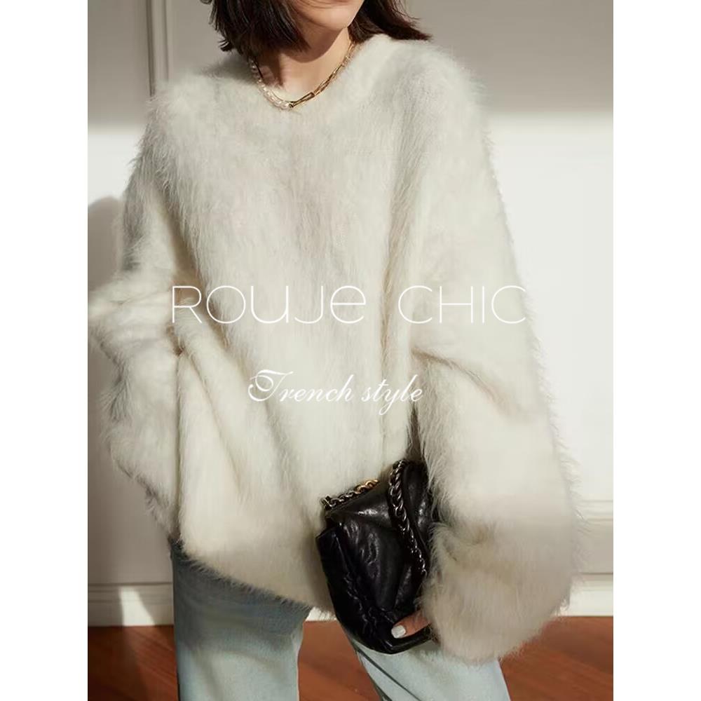 法国Rouje Chic秋冬季软糯感白色水貂绒针织衫毛衣女中长款上衣