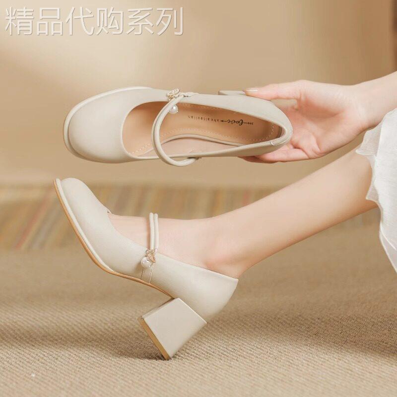 玛丽珍一字扣浅口单鞋女夏季仙女粗跟高跟鞋软皮晚晚温柔伴娘单鞋